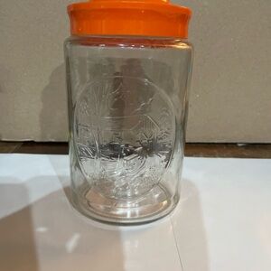 Anchor Hocking Glass Canister Jar Covered Bridge Embossed Orange Lid 70s Vintage